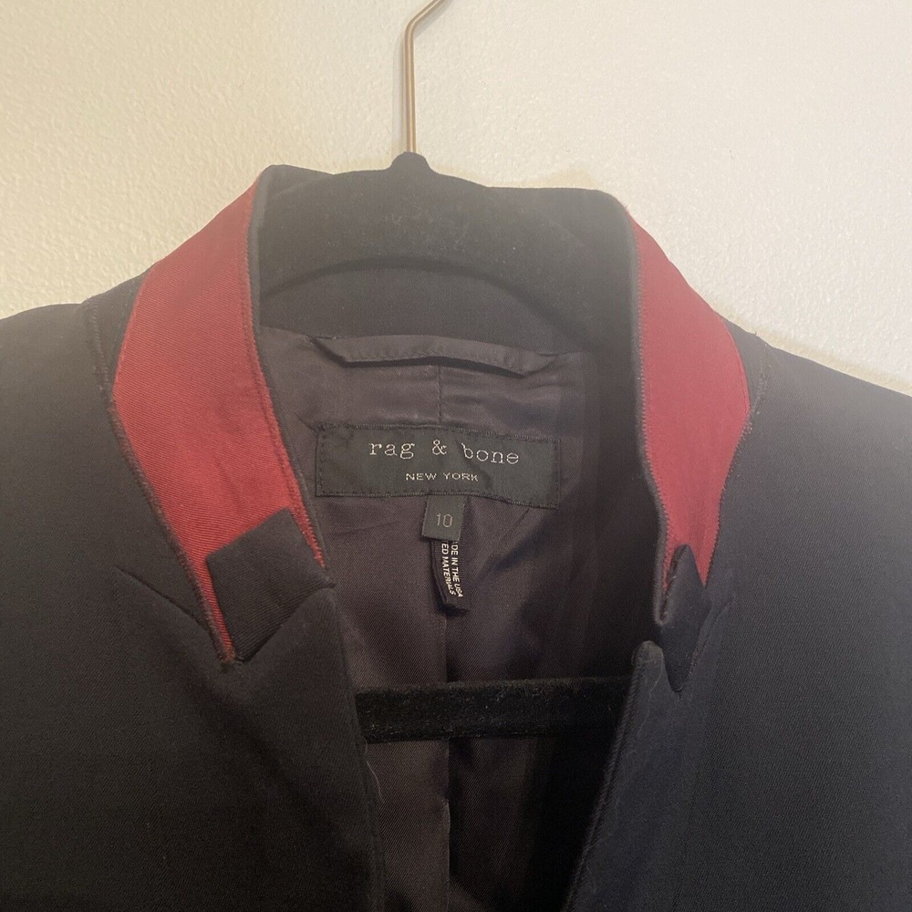 RAG & BONE WOOL SILK Black Maroon Red Inverted Upcollar Blazer Jacket Sz 10 - Picture 2 of 6